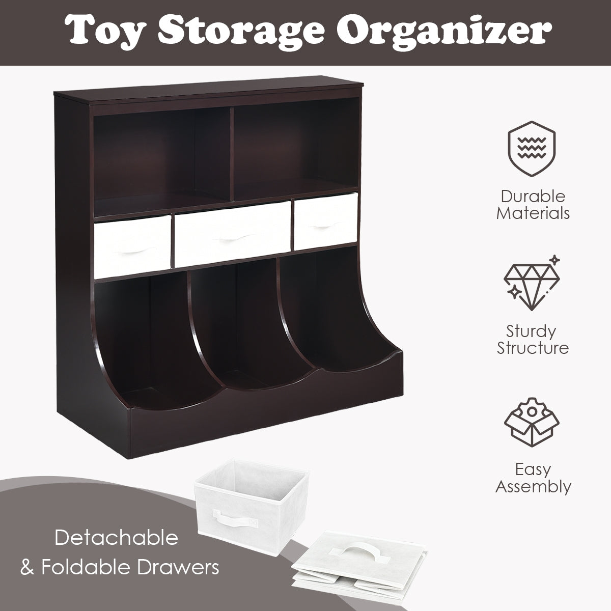 Freestanding Combo Cubby Bin Storage Organizer Unit with 3 Baskets - Brown