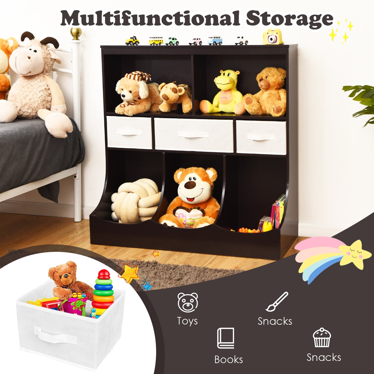 Freestanding Combo Cubby Bin Storage Organizer Unit with 3 Baskets - Brown