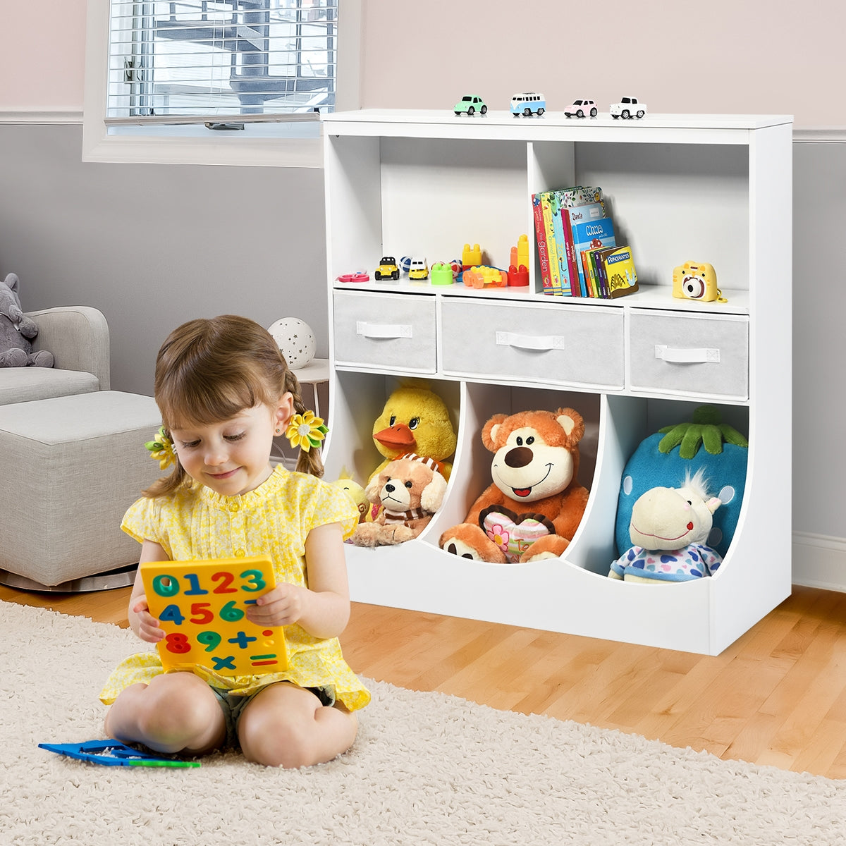 Freestanding Combo Cubby Bin Storage Organizer Unit with 3 Baskets - White