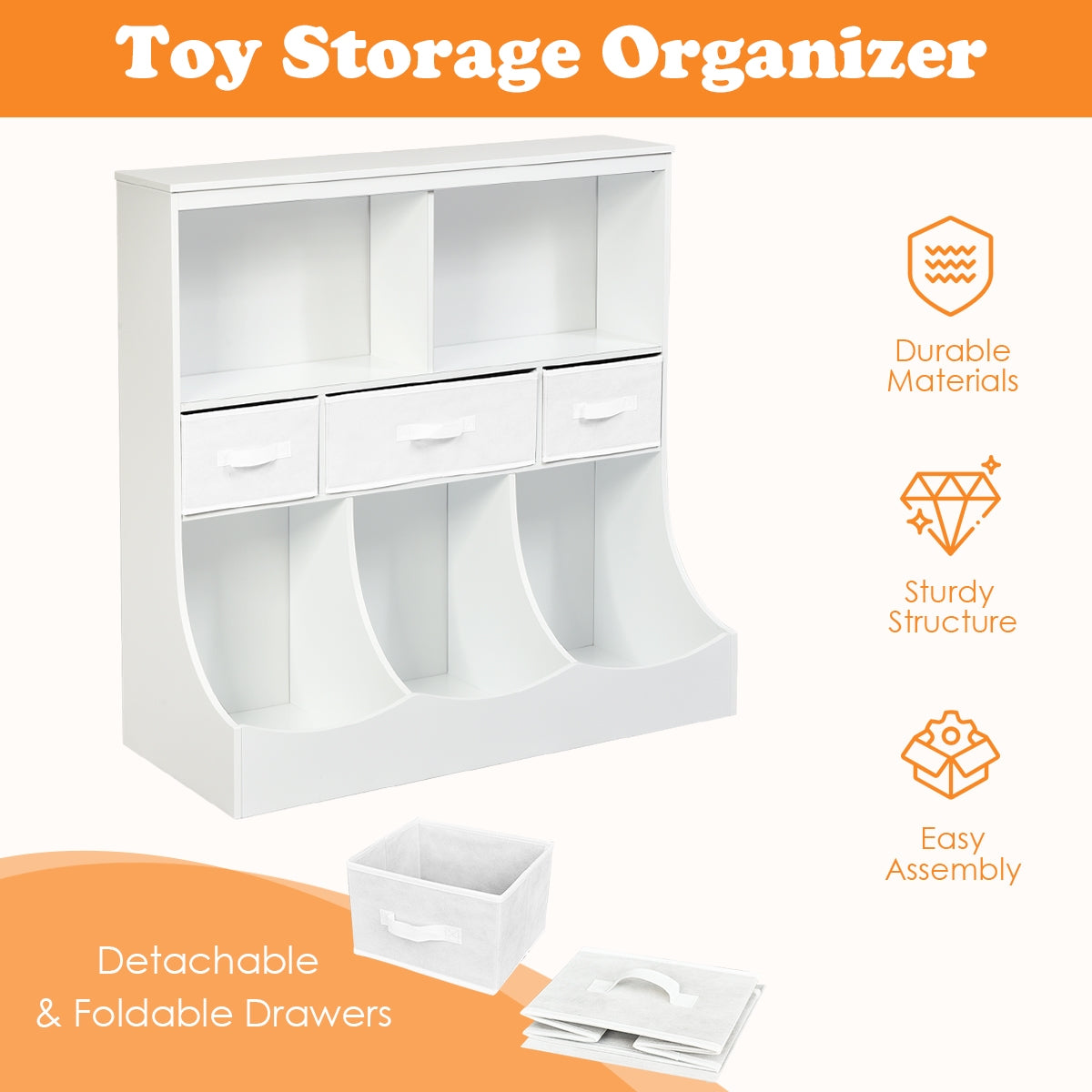 Freestanding Combo Cubby Bin Storage Organizer Unit with 3 Baskets - White