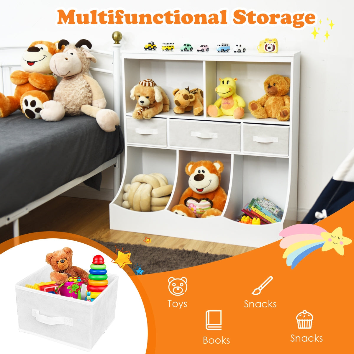 Freestanding Combo Cubby Bin Storage Organizer Unit with 3 Baskets - White