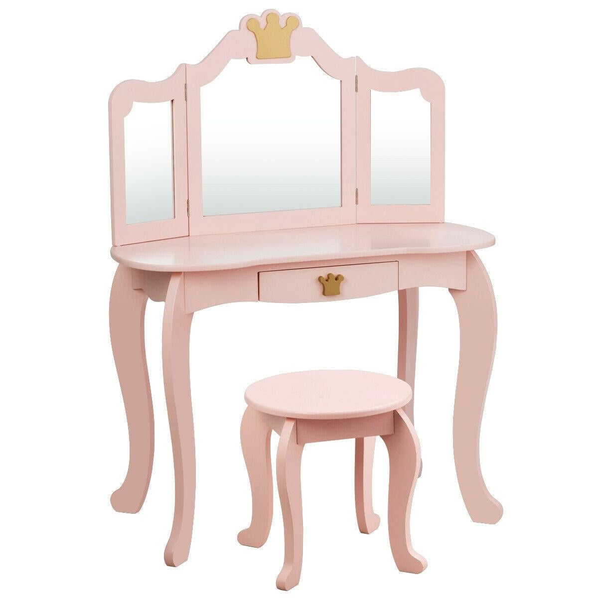 Kids Makeup Dressing Table with Tri-Folding Mirror - Pink
