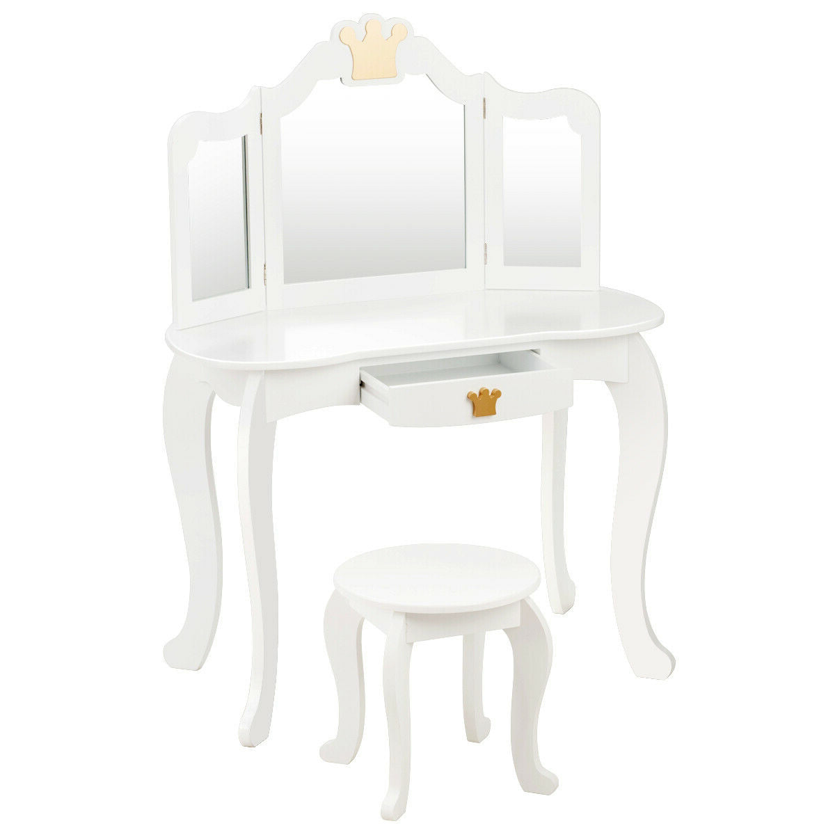 Kids Makeup Dressing Table with Tri-fold Mirror and Stool - White