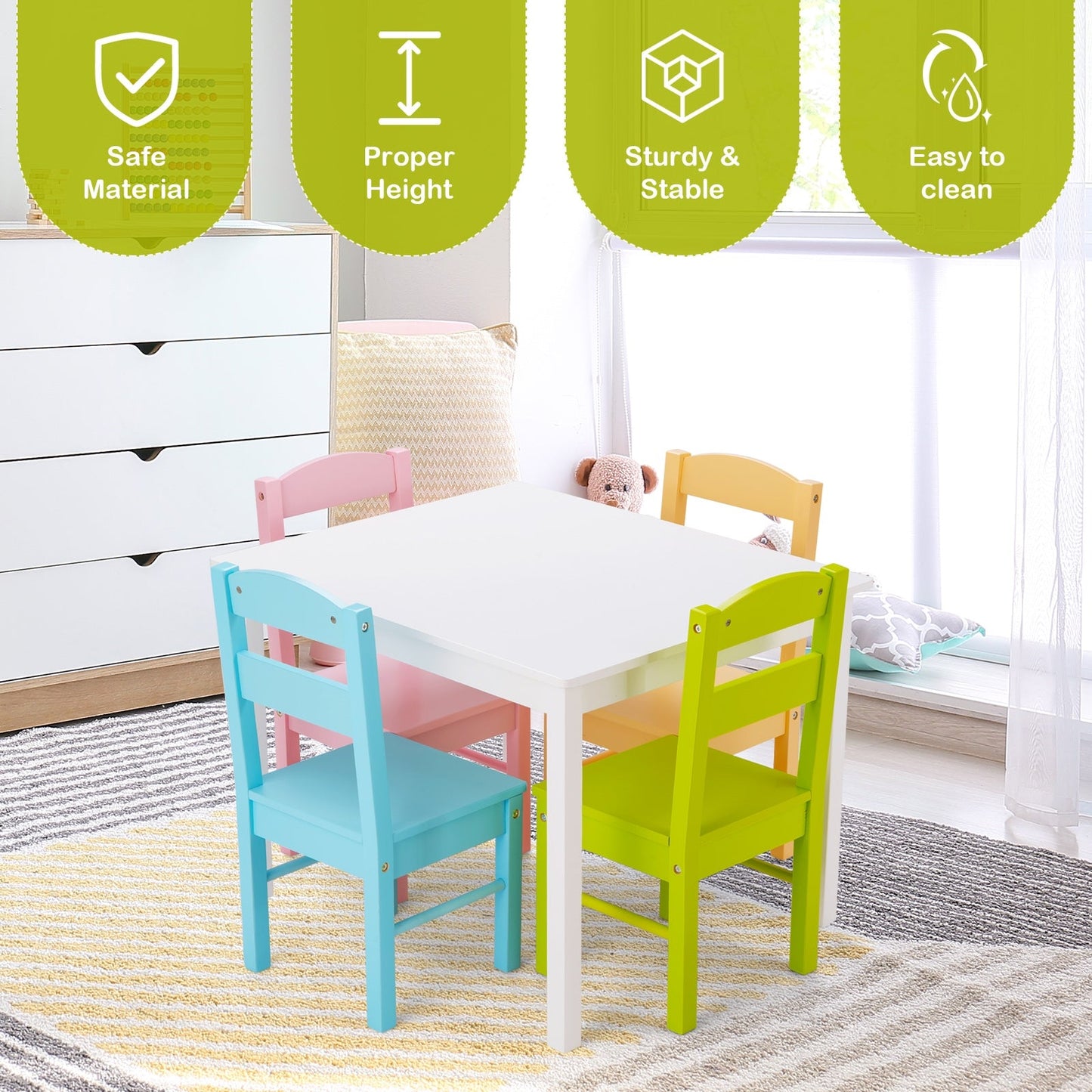 5-Piece Kids Pine Wood Table Chair Set - Clear Finish