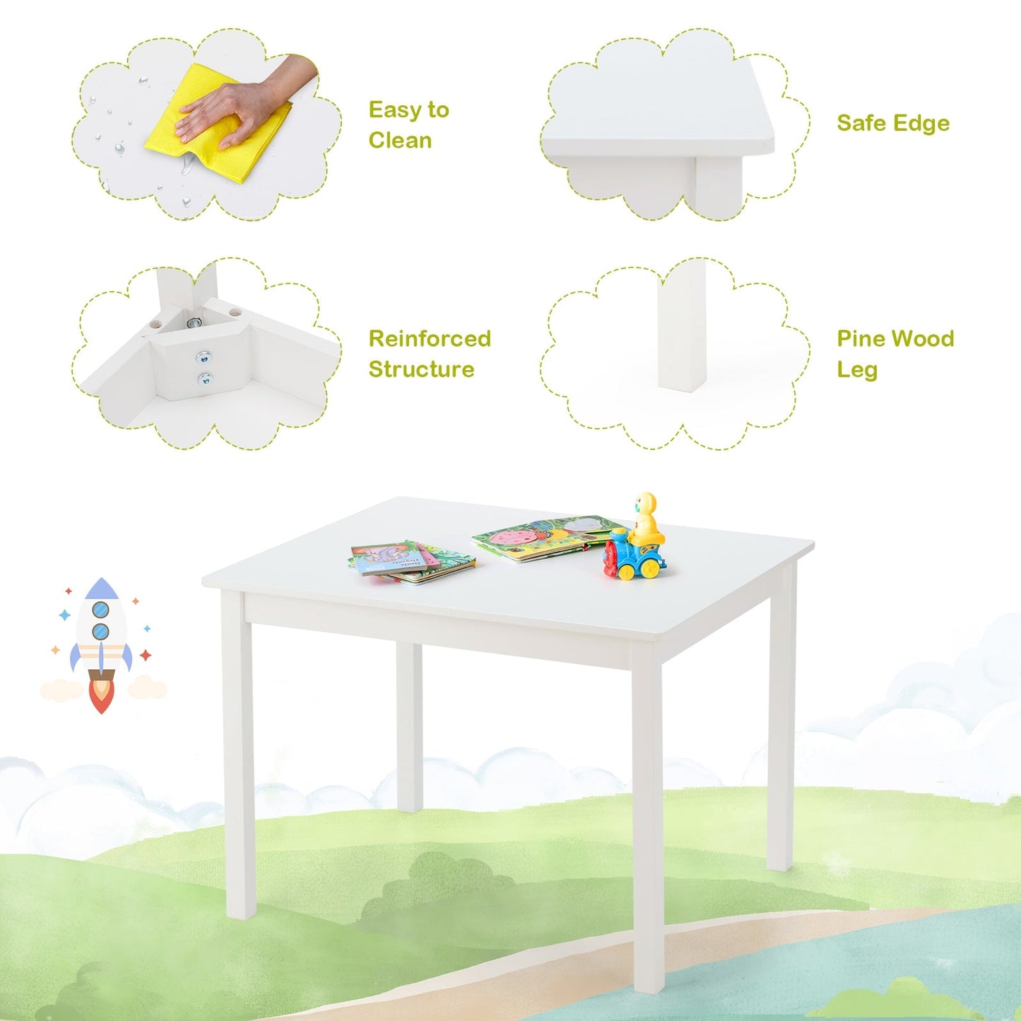 5-Piece Kids Pine Wood Table Chair Set - Clear Finish