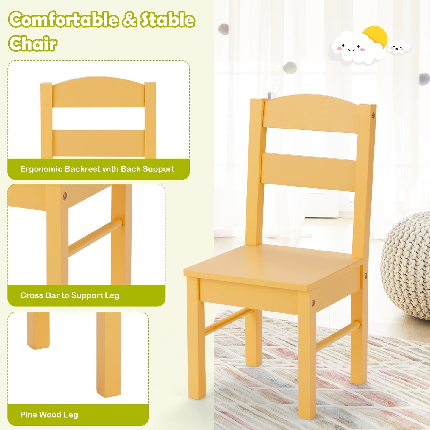 5-Piece Kids Pine Wood Table Chair Set - Clear Finish