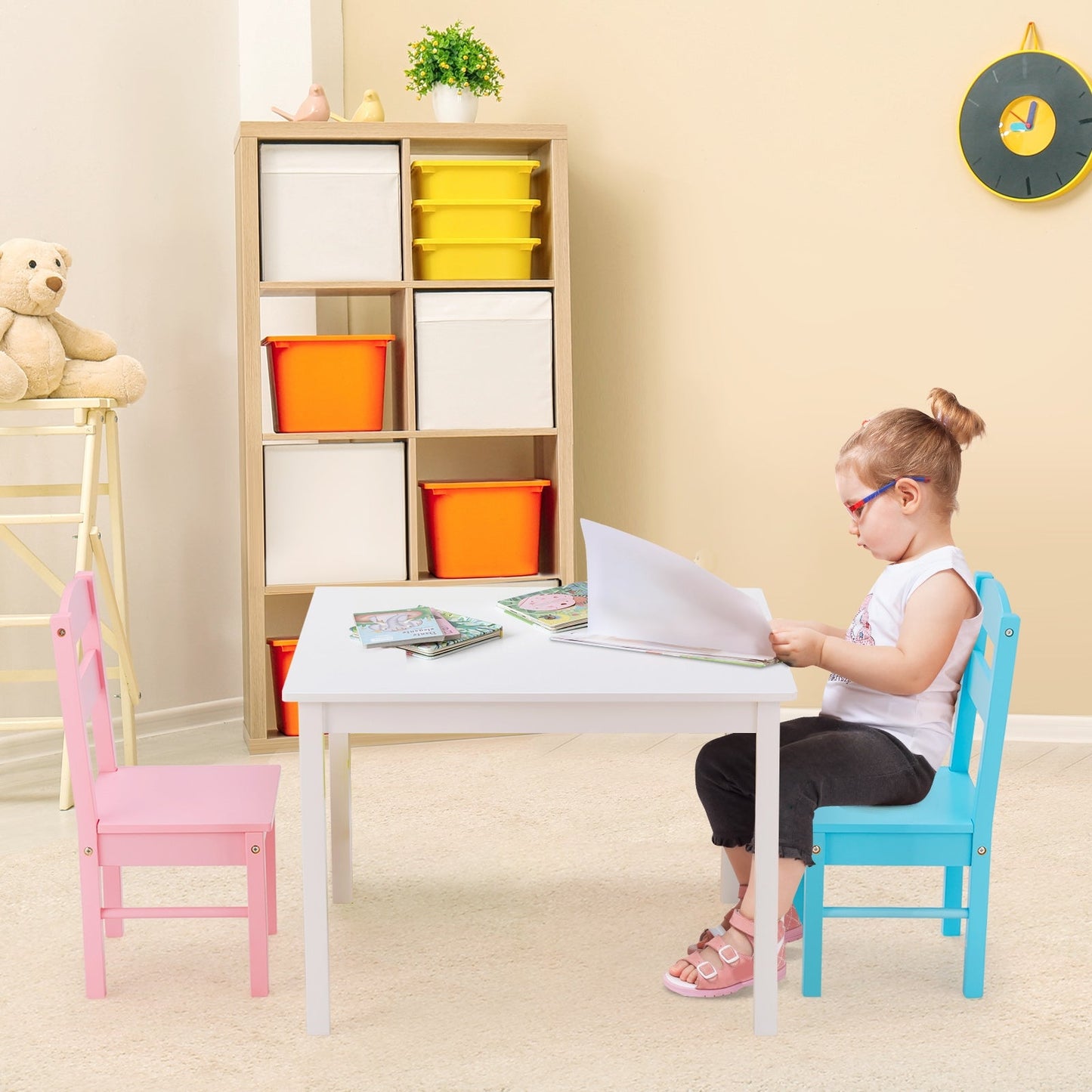 5-Piece Kids Pine Wood Table Chair Set - Clear Finish
