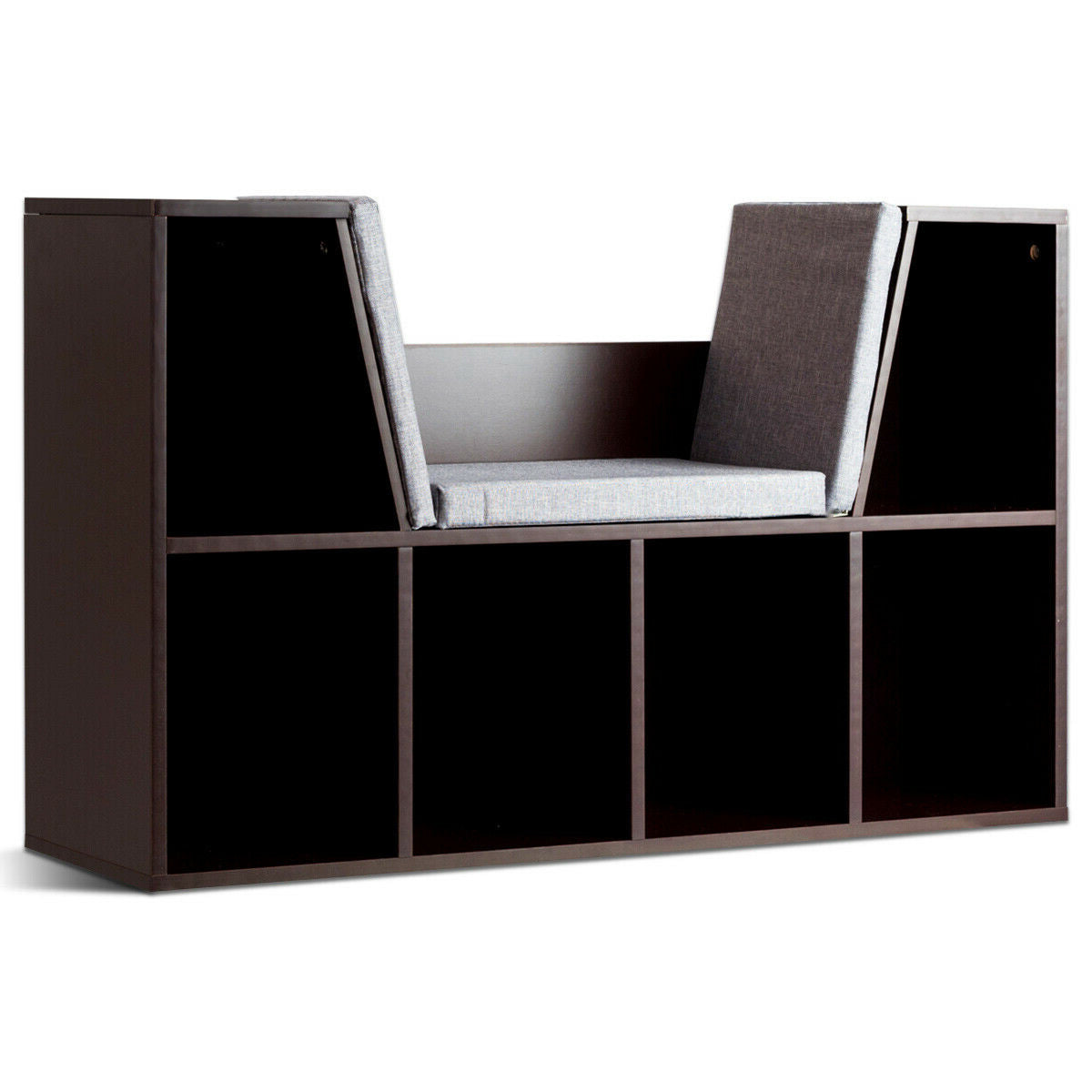 6-Cubby Kid Storage Bookcase with Cushioned Reading Nook - Brown
