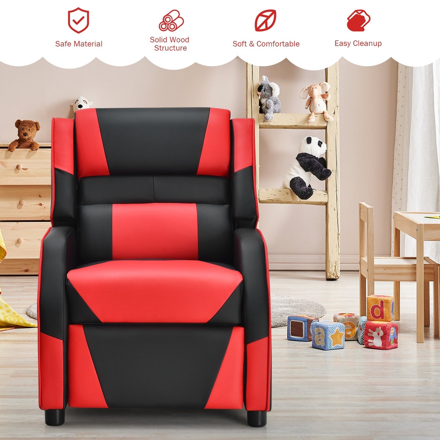 Kids PU Leather Gaming Recliner Sofa with Headrest - Red