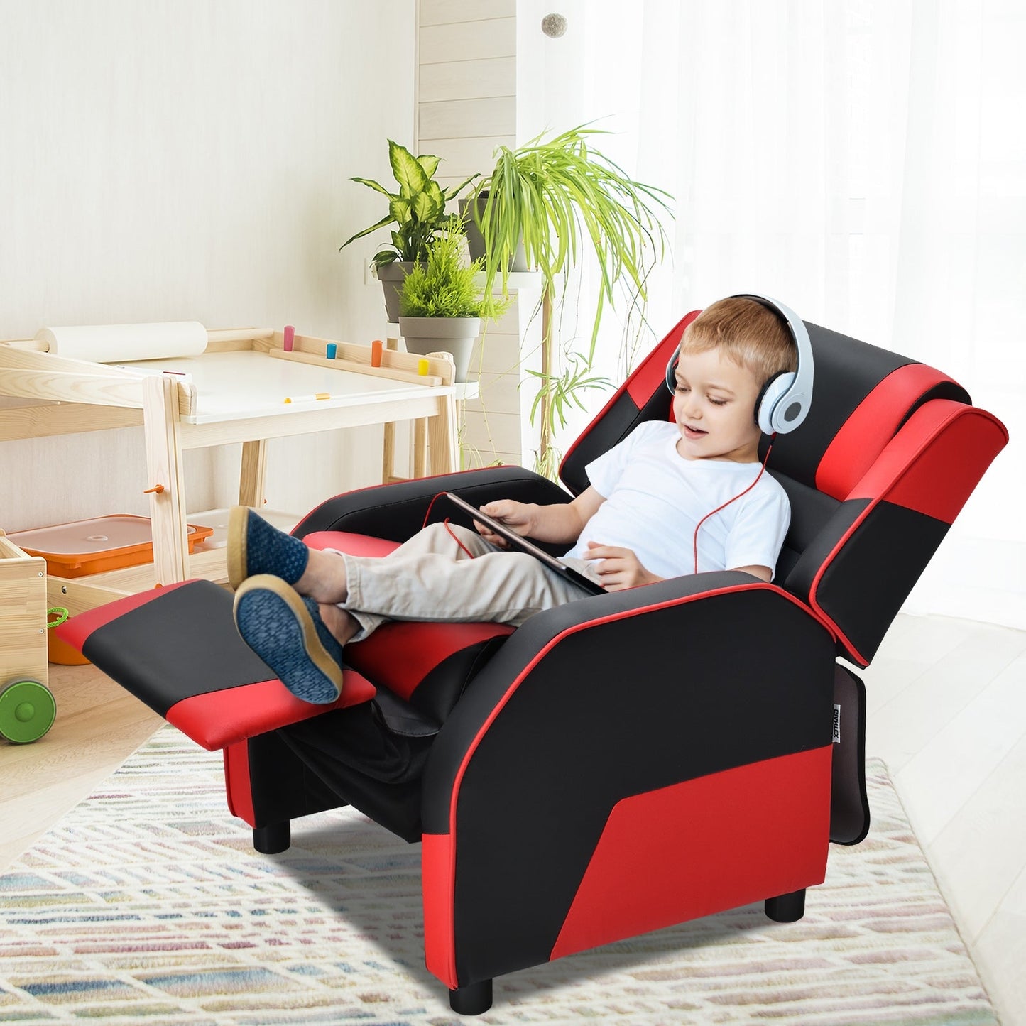 Kids PU Leather Gaming Recliner Sofa with Headrest - Red