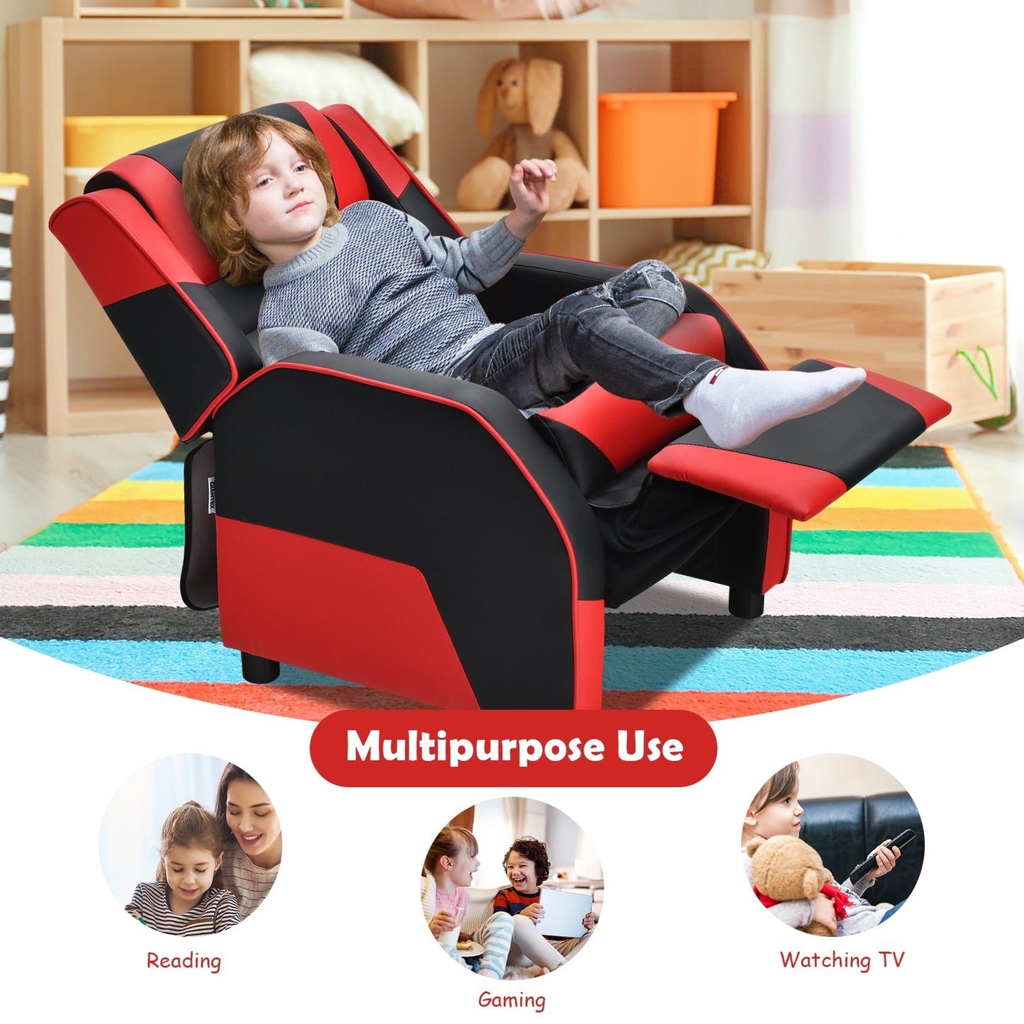 Kids PU Leather Gaming Recliner Sofa with Headrest - Red