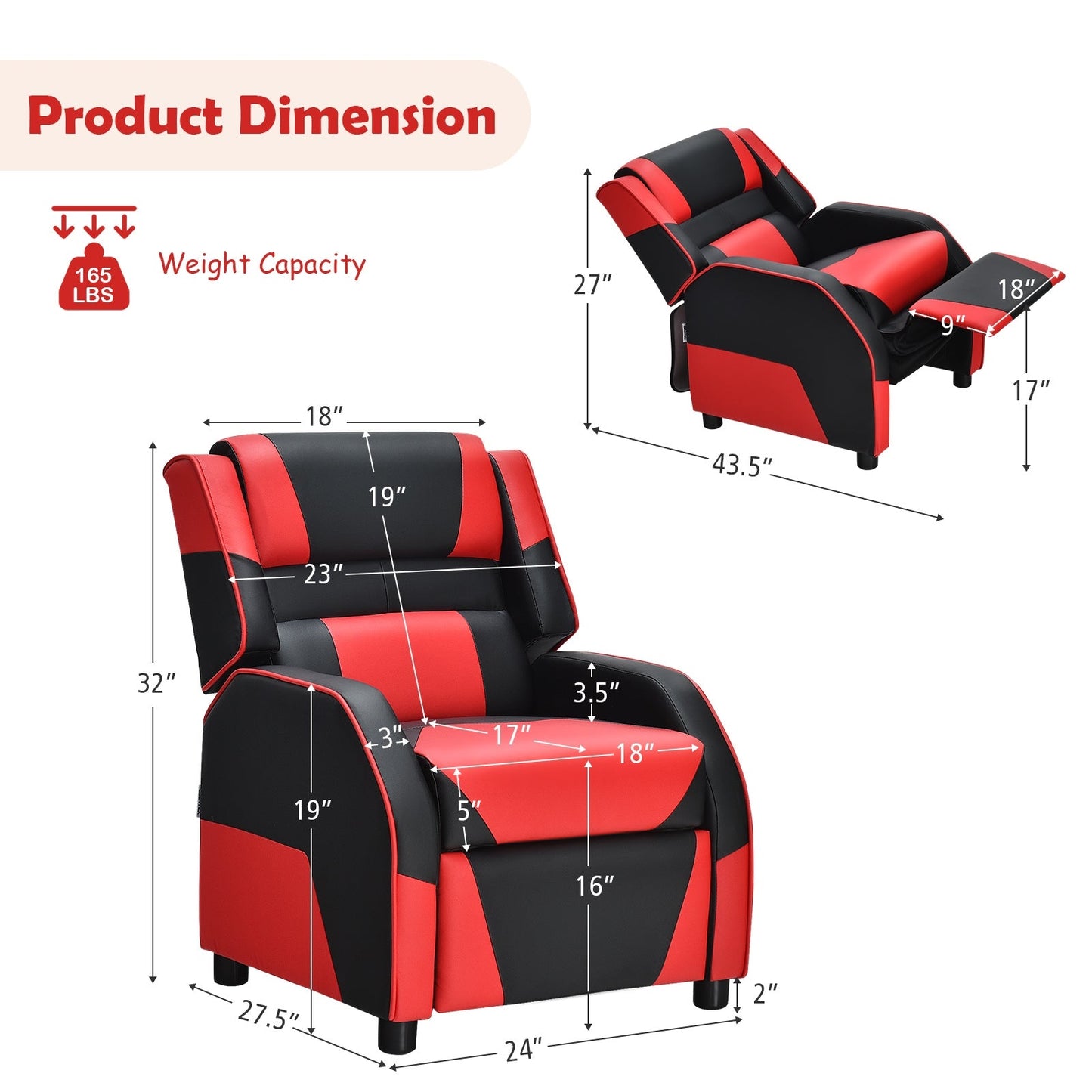 Kids PU Leather Gaming Recliner Sofa with Headrest - Red