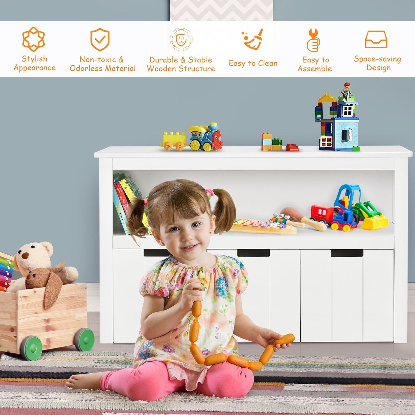 Gbruno Kid Toy Storage Cabinet with 3 Drawers and Wheels