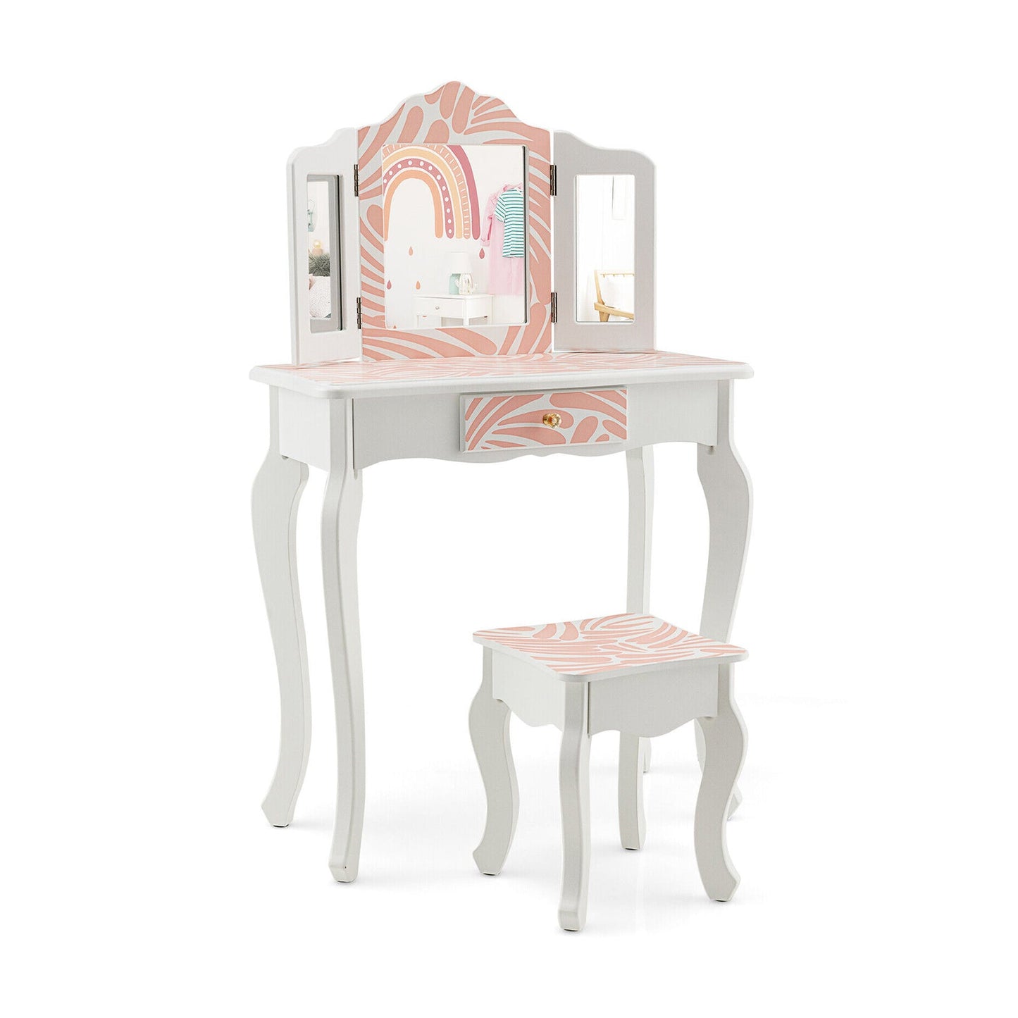 Ensemble de coiffeuse pour enfants 2-en-1 avec miroir pliant - Rose
