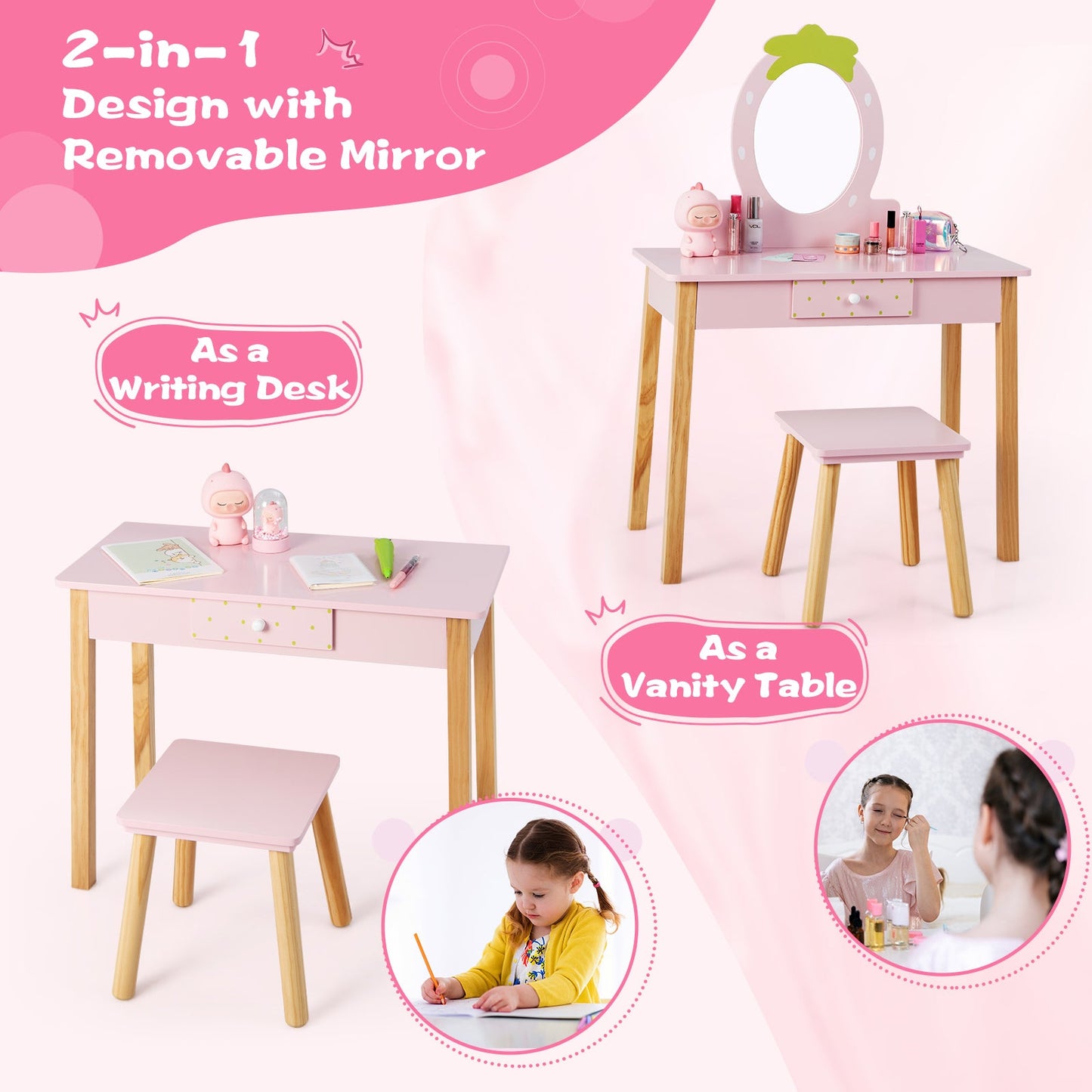 2-in-1 Children Vanity Table Stool Set with Mirror - Pink