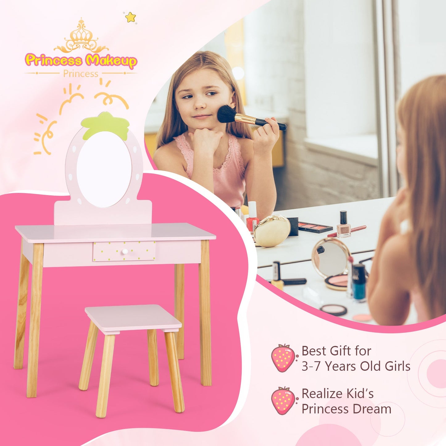 2-in-1 Children Vanity Table Stool Set with Mirror - Pink