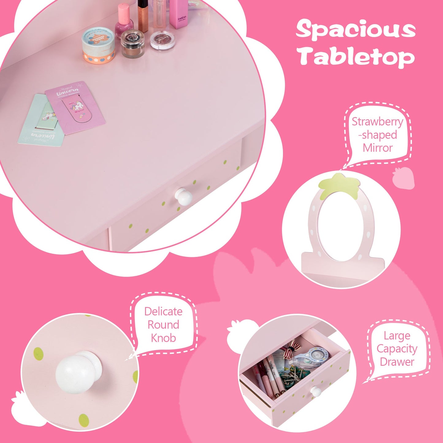 2-in-1 Children Vanity Table Stool Set with Mirror - Pink