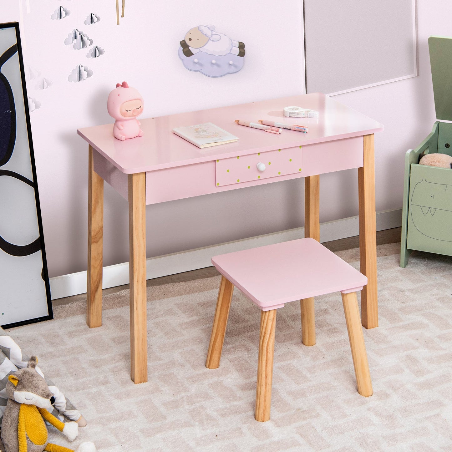 2-in-1 Children Vanity Table Stool Set with Mirror - Pink
