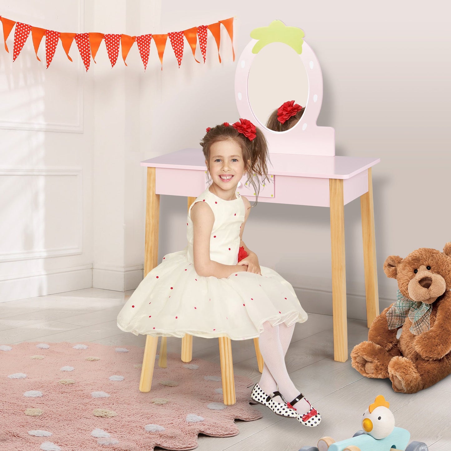 2-in-1 Children Vanity Table Stool Set with Mirror - Pink