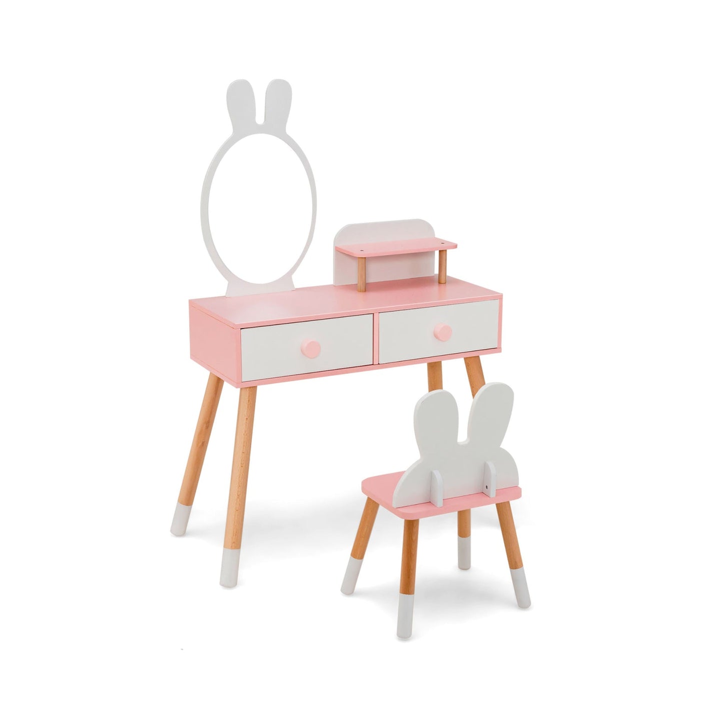 Kids Vanity Table and Chair Set with Rabbit Mirror - White