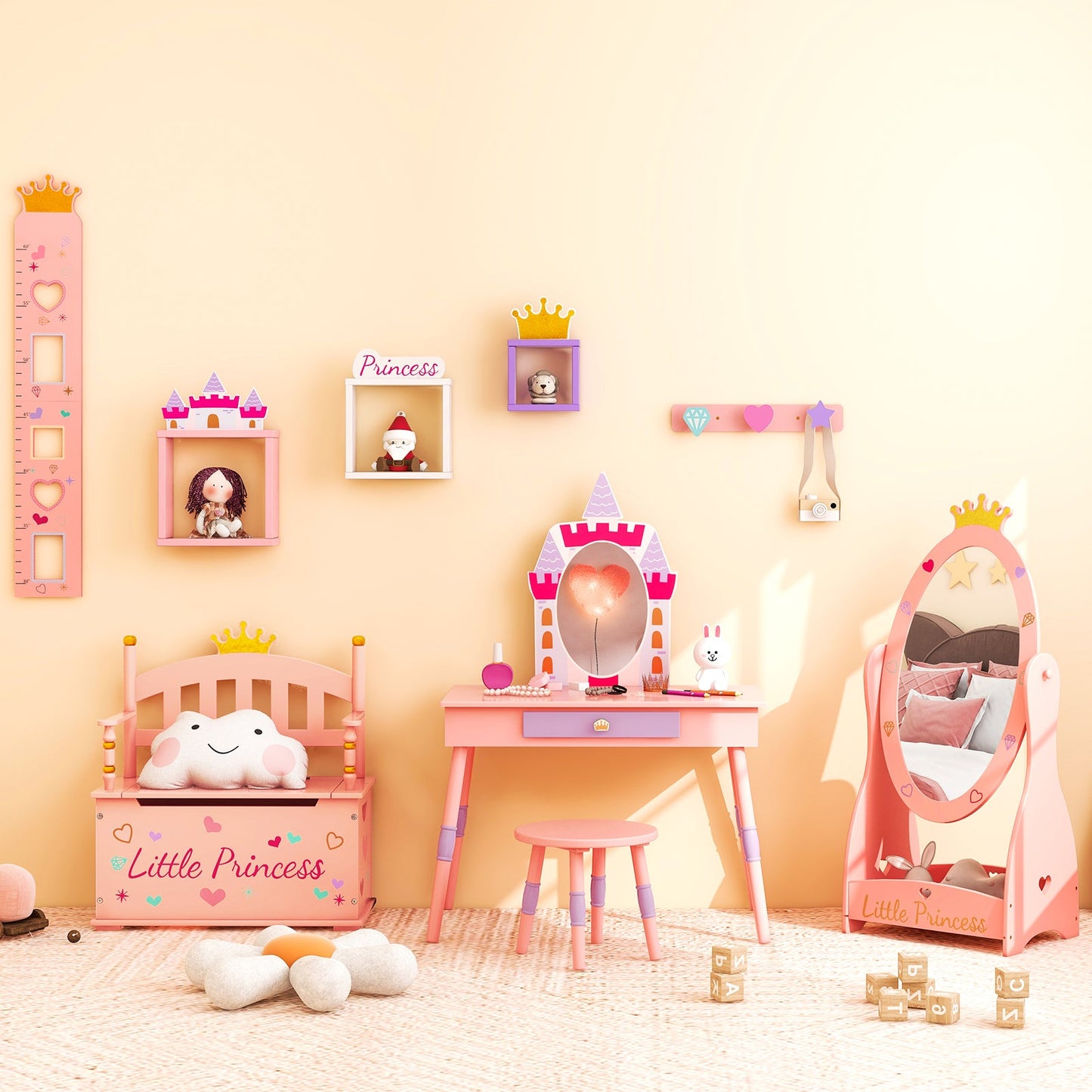 Kids Princess Vanity Table and Stool Set - Pink