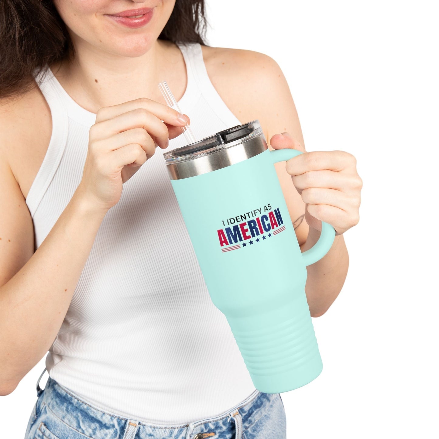 Je m'identifie comme Américain Mug de Voyage Isolé 40oz