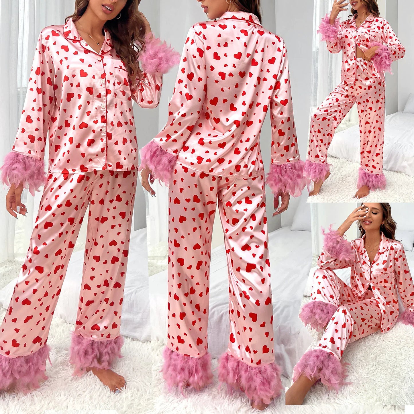 Pijamas Casuales con Estampado de Corazón para Mujeres