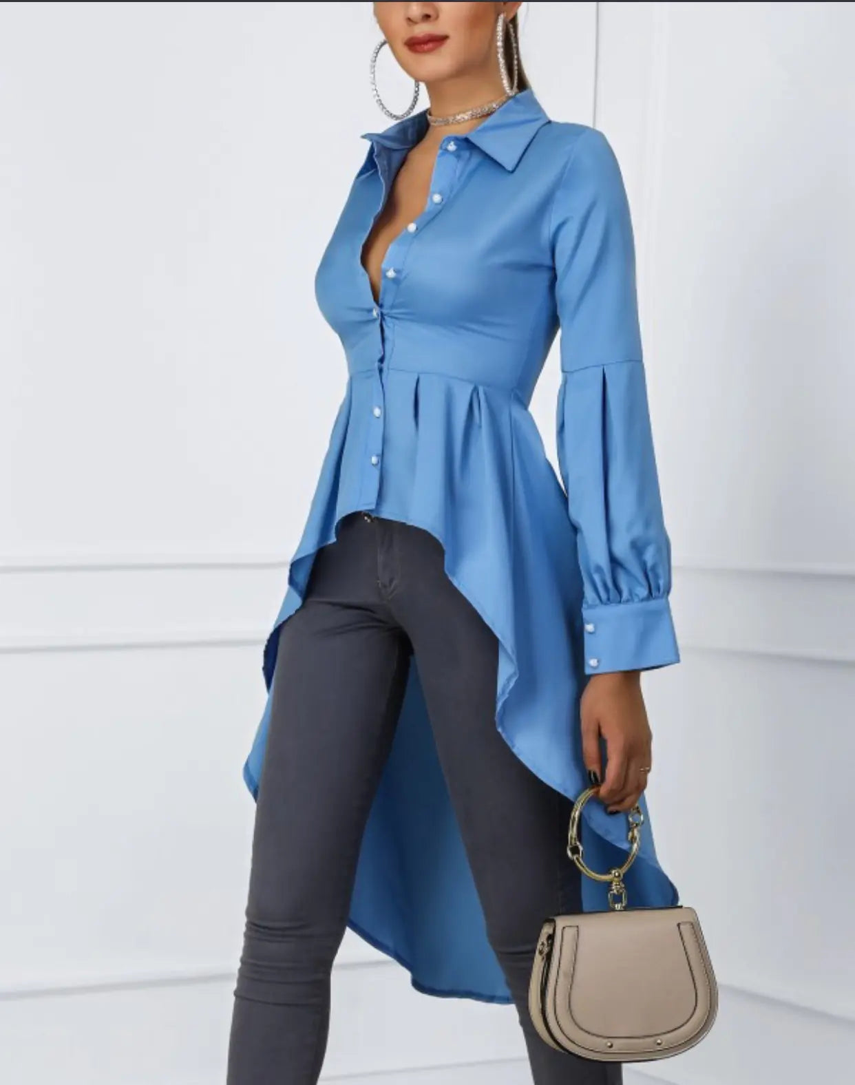 Solid Color Lantern Sleeve Tail Dress