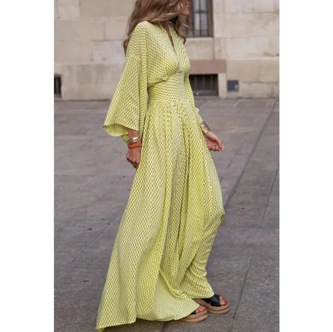 Robe maxi à manches chauve-souris et décolleté en V pour femmes