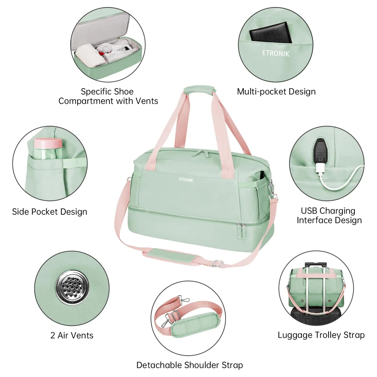 Bolsa de gimnasio ETRONIK para mujer con puerto USB y bolsillo húmedo