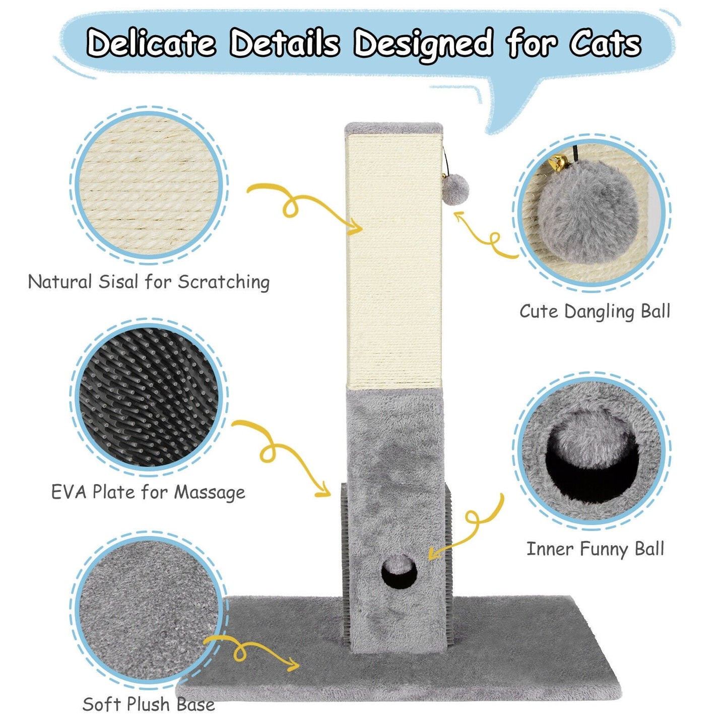 31-Inch Tall Cat Scratching Post with Sisal Rope and Plush Balls - Gray