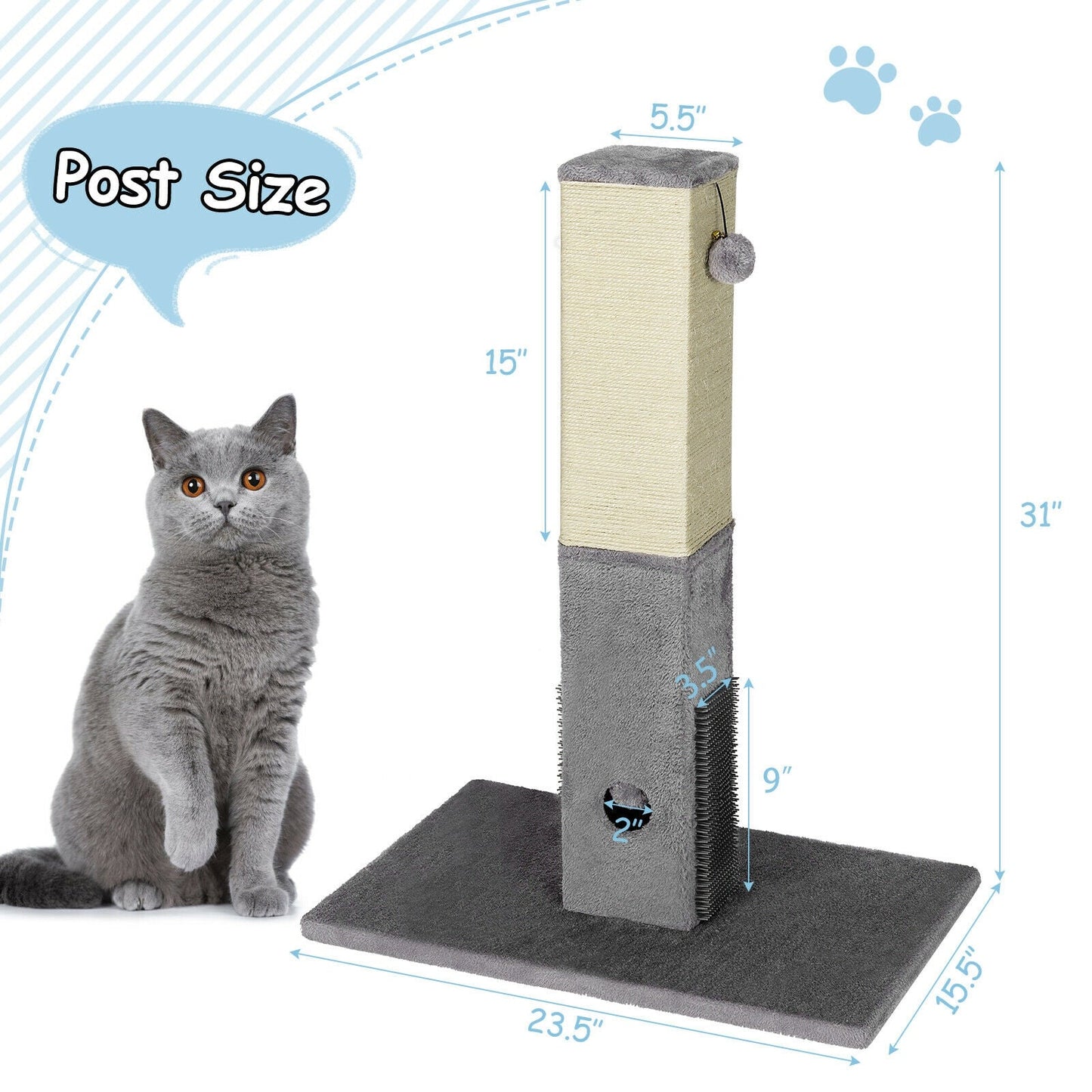 31-Inch Tall Cat Scratching Post with Sisal Rope and Plush Balls - Gray
