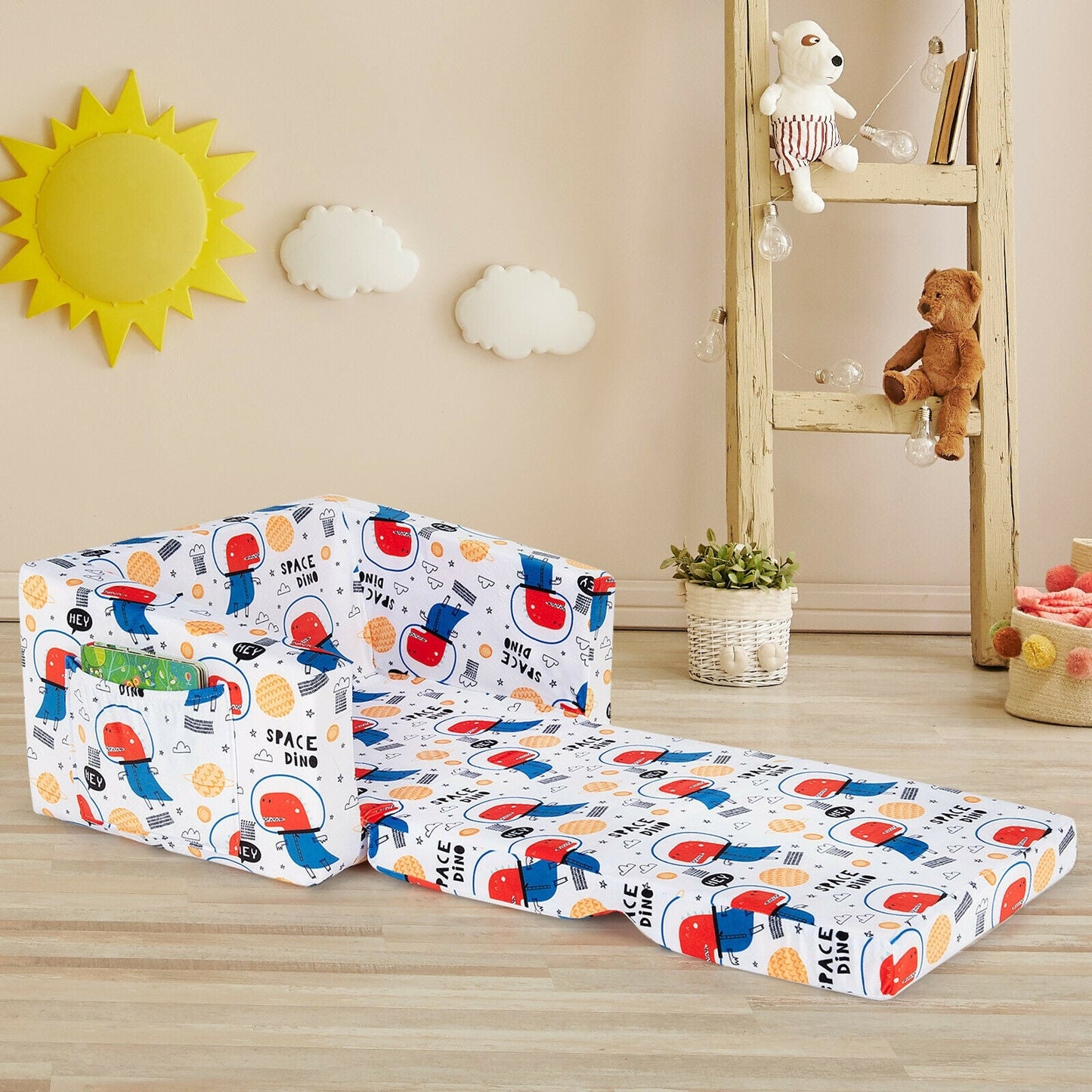 2-in-1 Convertible Kids Sofa with Velvet Fabric - White