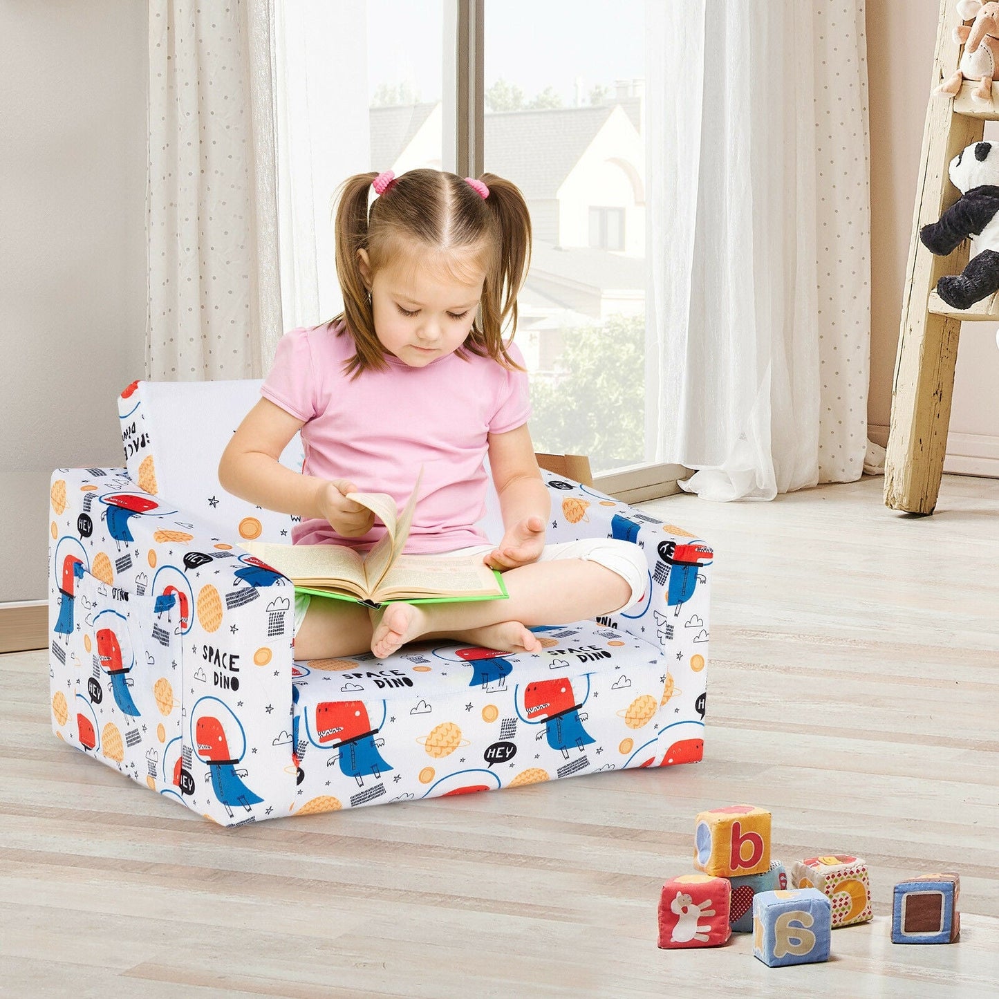 2-in-1 Convertible Kids Sofa with Velvet Fabric - White
