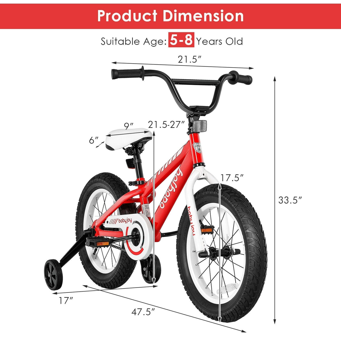 Bicicleta para Niños de 16 Pulgadas con Ruedas de Entrenamiento - Roja