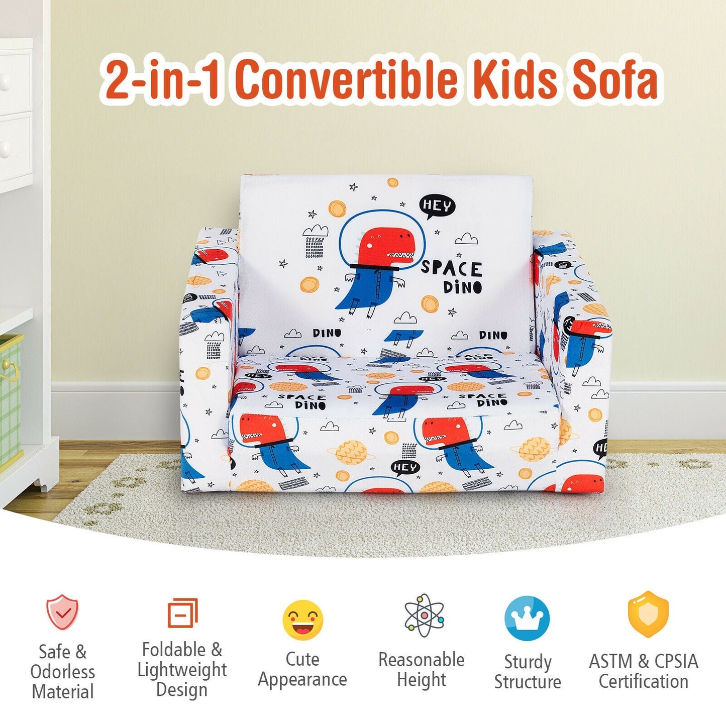 2-in-1 Convertible Kids Sofa with Velvet Fabric - White