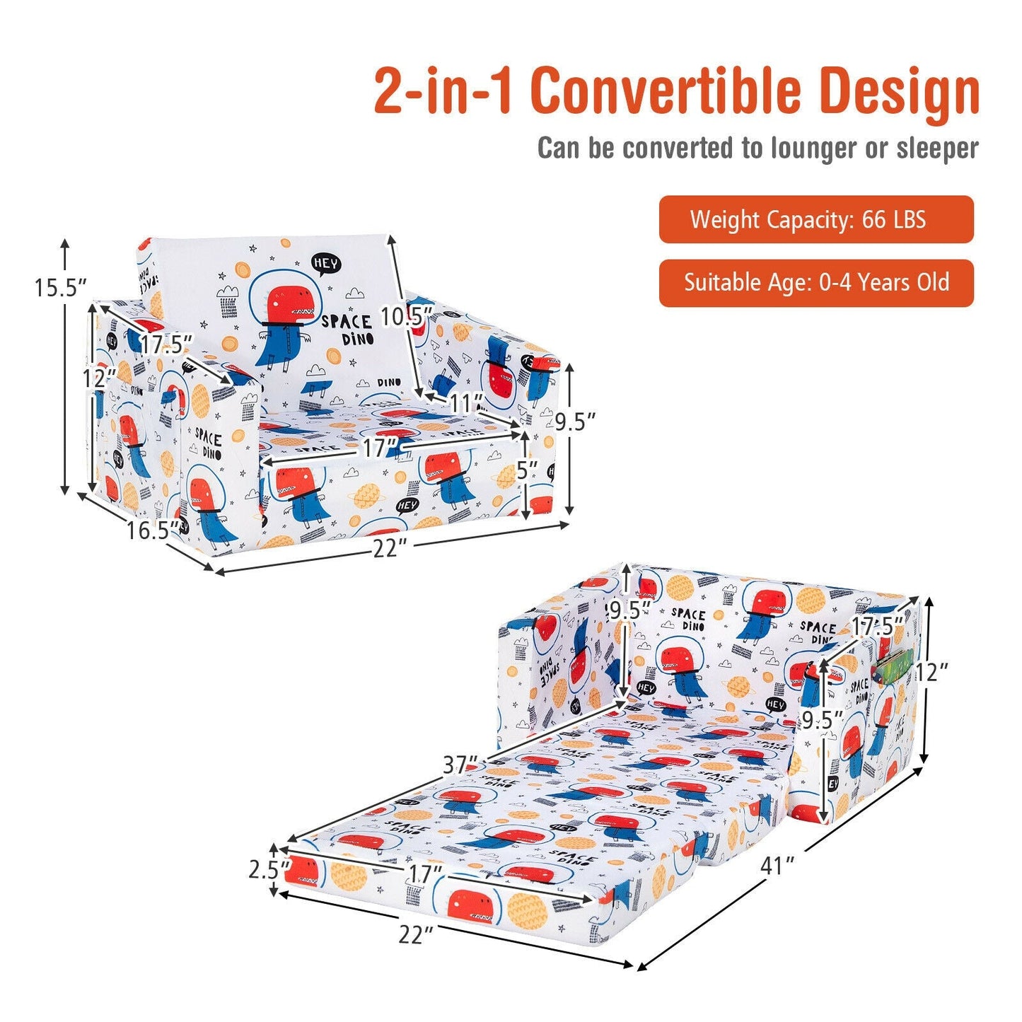 2-in-1 Convertible Kids Sofa with Velvet Fabric - White