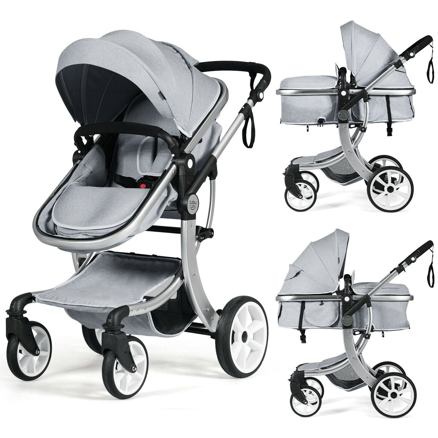 Folding Aluminum Infant Reversible Stroller with Diaper Bag - Gray