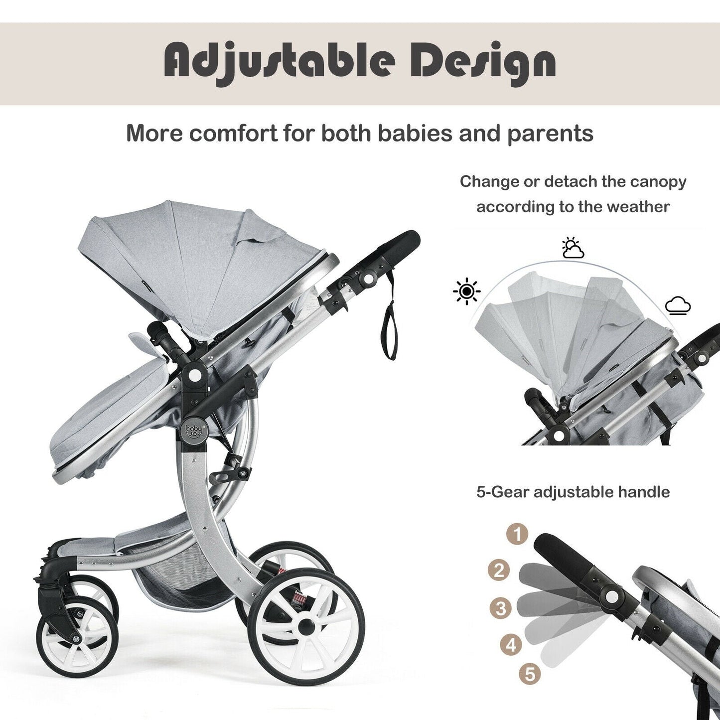 Folding Aluminum Infant Reversible Stroller with Diaper Bag - Gray