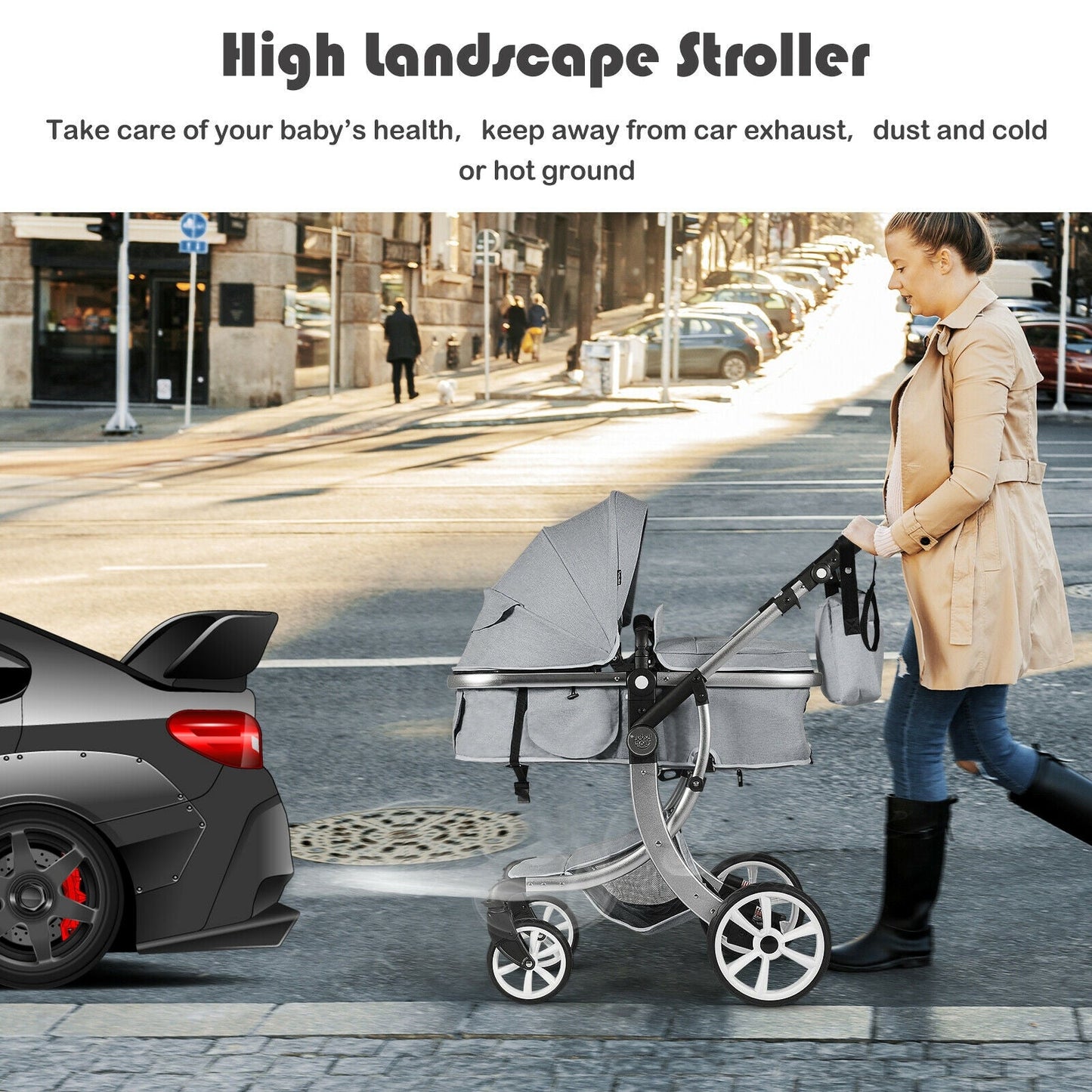 Folding Aluminum Infant Reversible Stroller with Diaper Bag - Gray