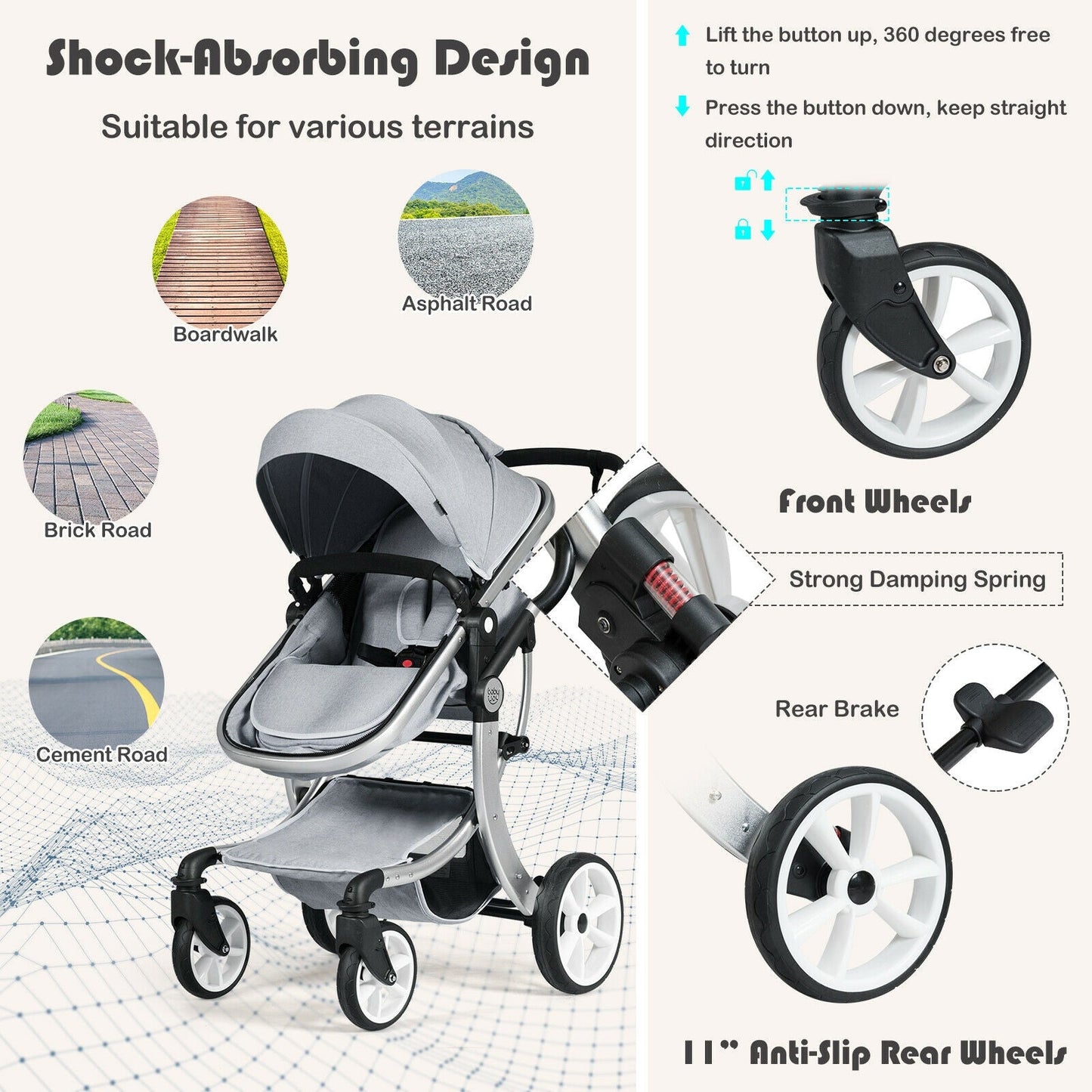 Folding Aluminum Infant Reversible Stroller with Diaper Bag - Gray