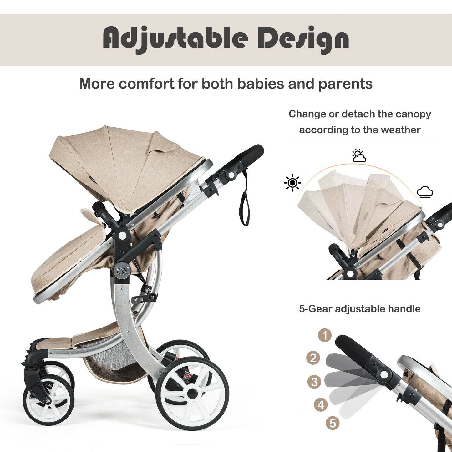 Folding Aluminum Infant Reversible Stroller with Diaper Bag - Beige