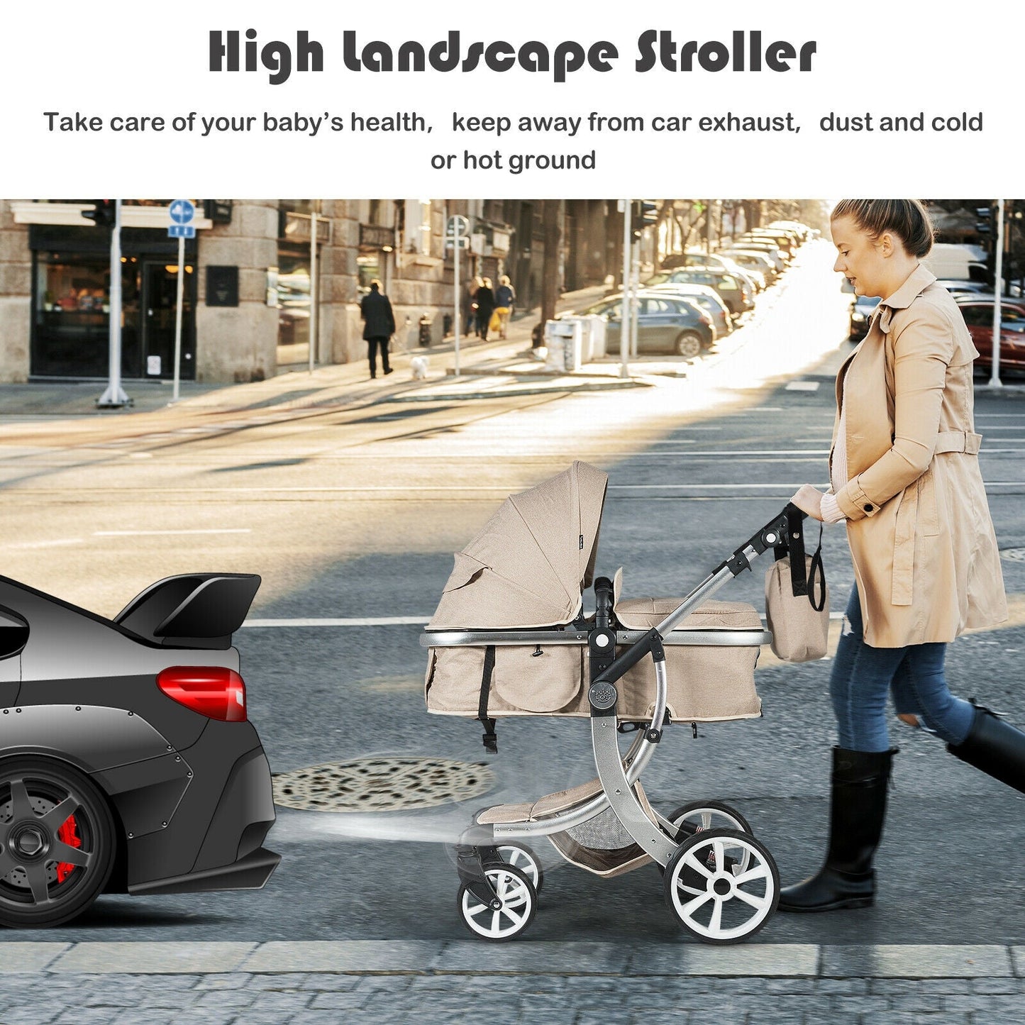 Folding Aluminum Infant Reversible Stroller with Diaper Bag - Beige