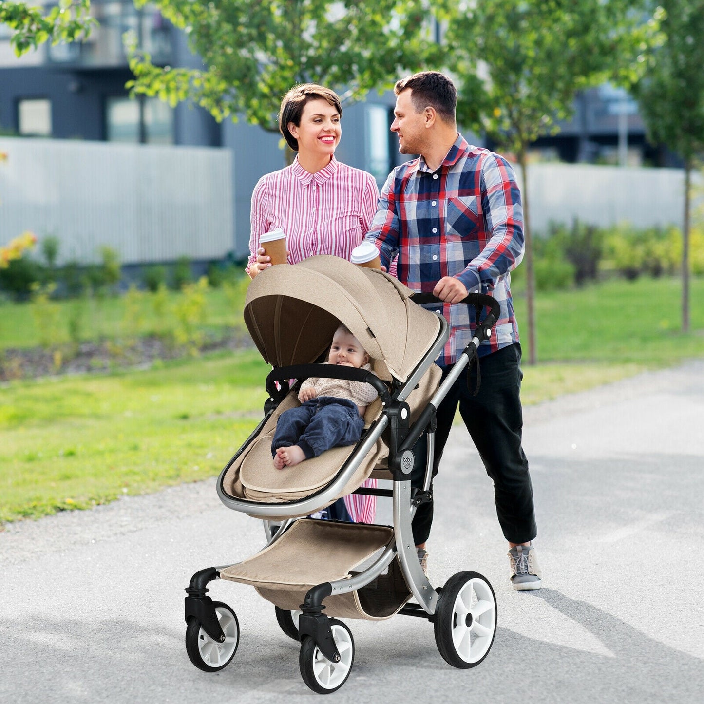 Folding Aluminum Infant Reversible Stroller with Diaper Bag - Beige