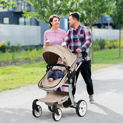 Folding Aluminum Infant Reversible Stroller with Diaper Bag - Beige