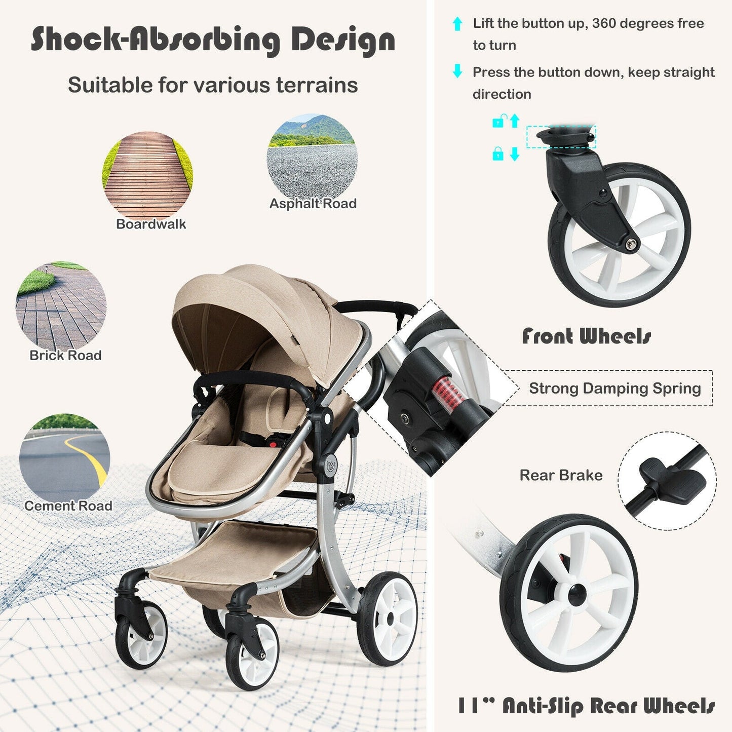 Folding Aluminum Infant Reversible Stroller with Diaper Bag - Beige
