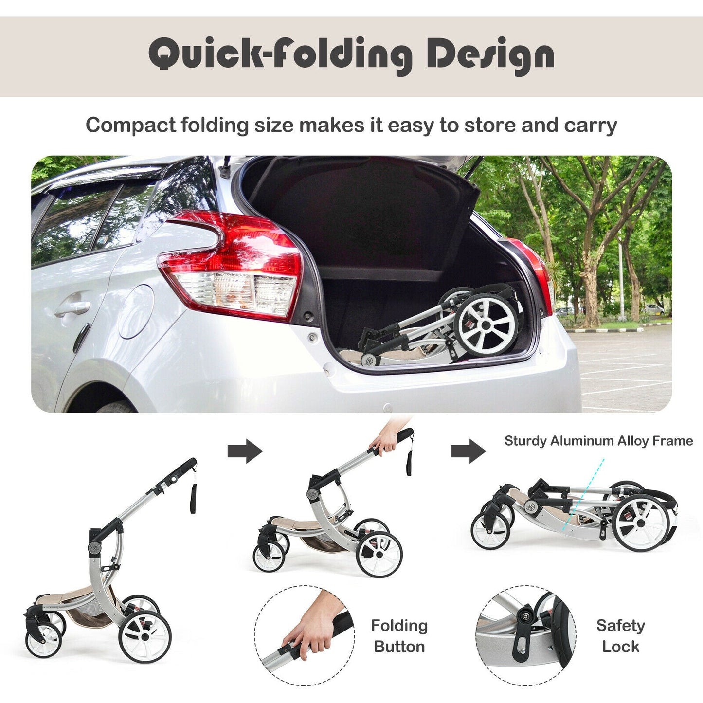 Folding Aluminum Infant Reversible Stroller with Diaper Bag - Beige
