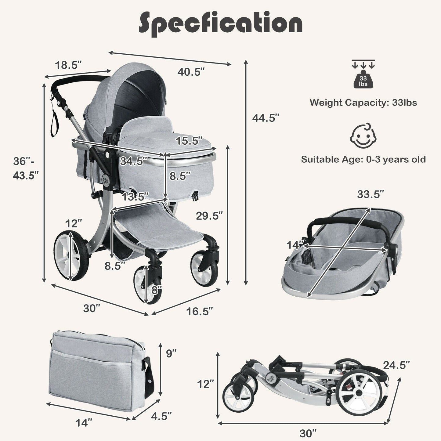 Folding Aluminum Infant Reversible Stroller with Diaper Bag - Gray