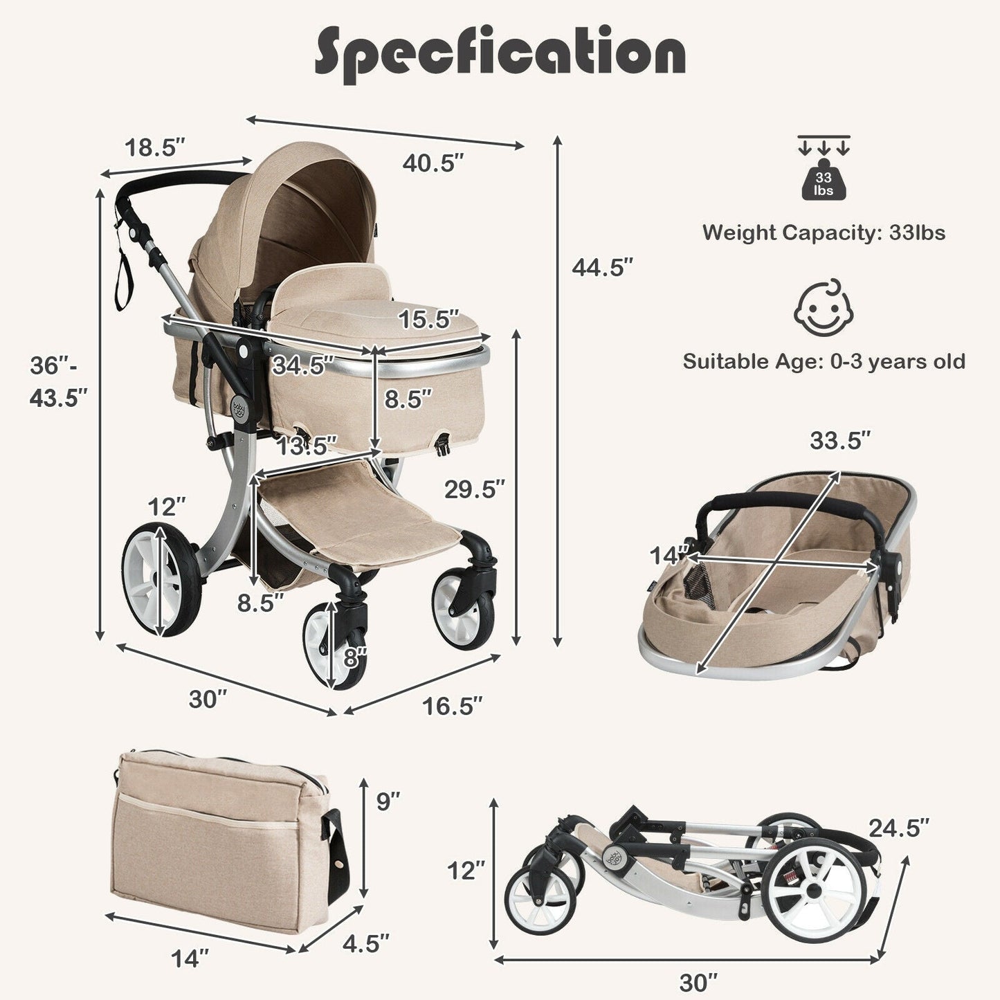Folding Aluminum Infant Reversible Stroller with Diaper Bag - Beige