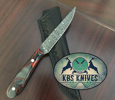 Handcrafted Damascus Steel Fillet-Boning Knife with Epoxy Resin Handle & Leather Sheath by KBS Knives - Korvel
